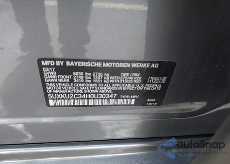 2017 BMW X6 xDrive35I z USA, uszkodzony, nr VIN 5UXKU2C34H0U30347